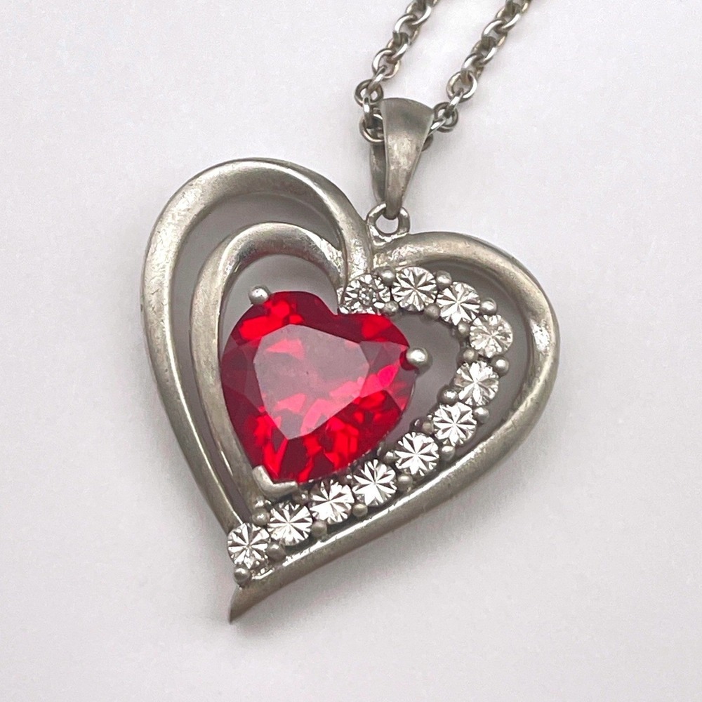 Sterling Silver Ruby Red Color Heart‎ Pendant Necklace Sparkling Valentine